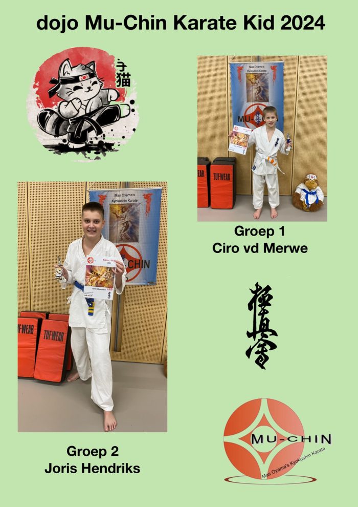 dojo Mu-Chin Karate Kid 2024: groep 1 Ciro vd Merwe, groep 2 Joris Hendriks